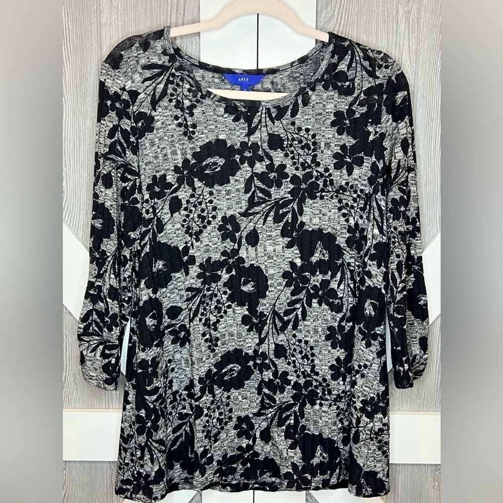 B14.17 Apt. 9 Floral Ribbed Sweater Heathered Gray and Black Print S